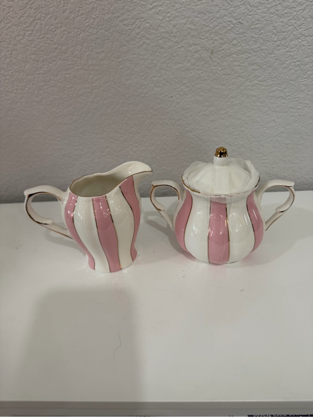 Pink & White Striped Porcelain Creamer and Sugar Bowl with Gold Trim